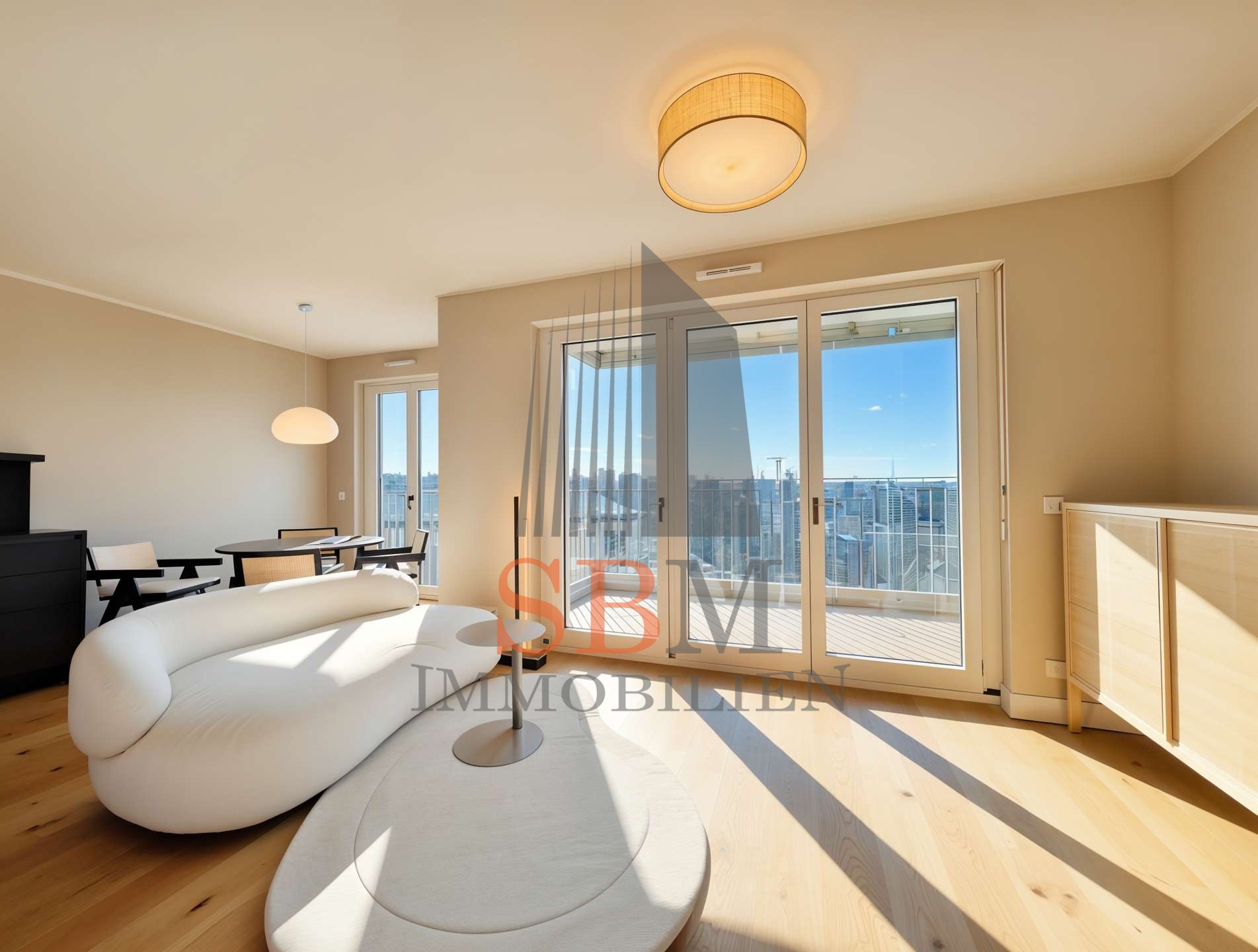 Luxuriöses Stadtpanorama: Möblierte 2-Zi. Whg. in repräsentativen Neubauensemble - Wohn-/Esszimmer