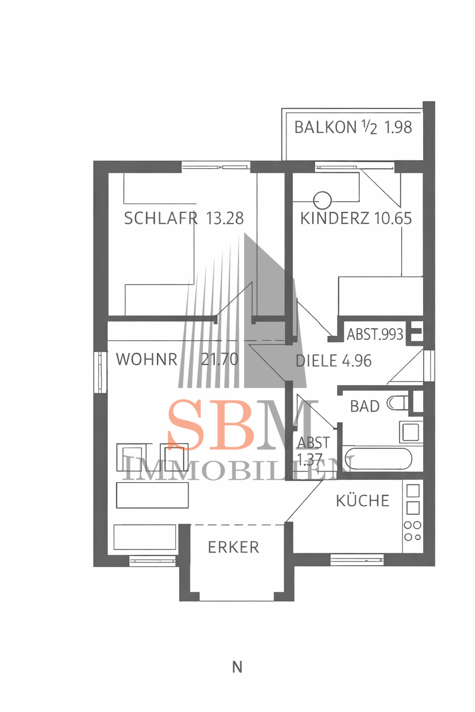Sonnige 3-Zimmer-Wohnung mit Balkon zum Innenhof - Grundriss